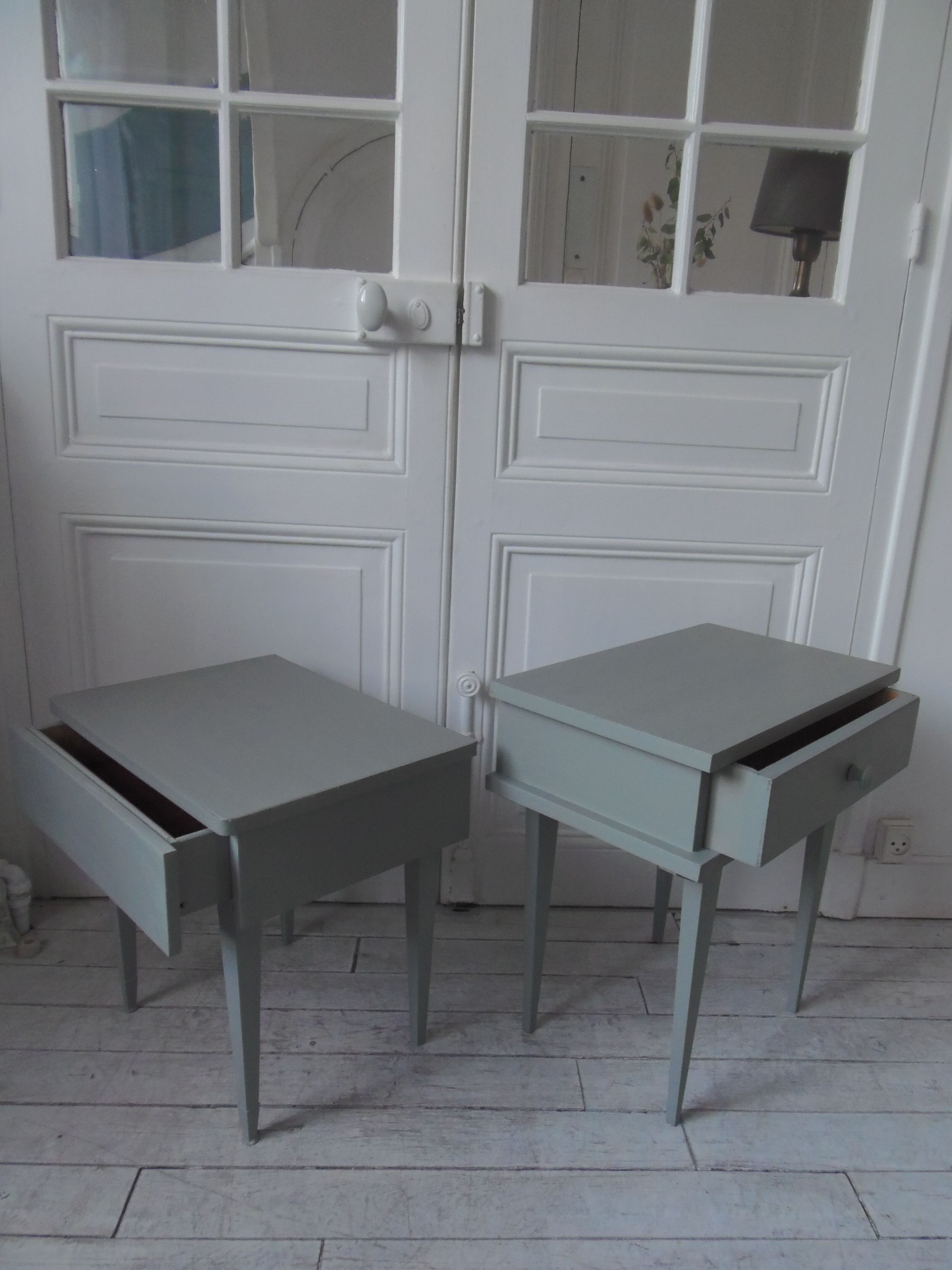 Duo of mismatched bedside tables green of gray