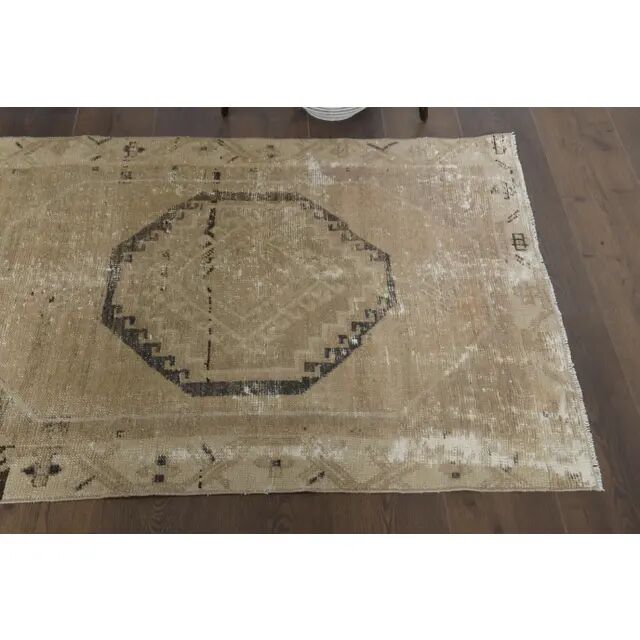 1970s Turkish Oushak handmade wool cotton beige runner rug 96x331