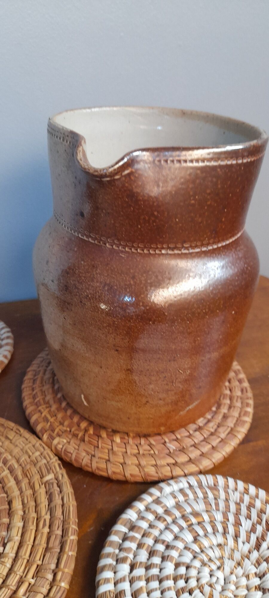 Pitcher in sandstone stamped glazed terracotta, bonny sandstone, handmade