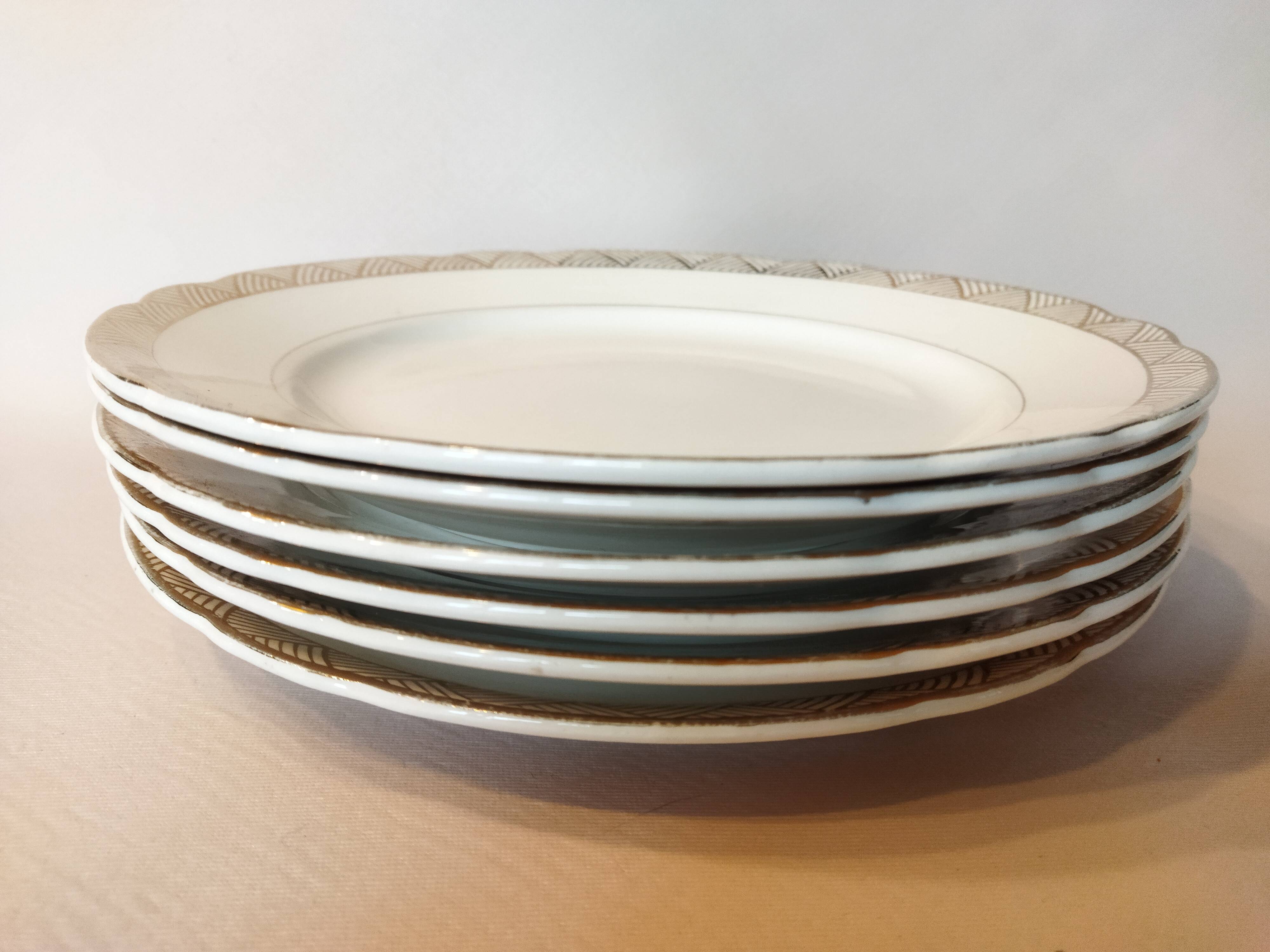 6 assiettes plates Villeroy & Boch Mettlach ivoire et or vintage 1950s