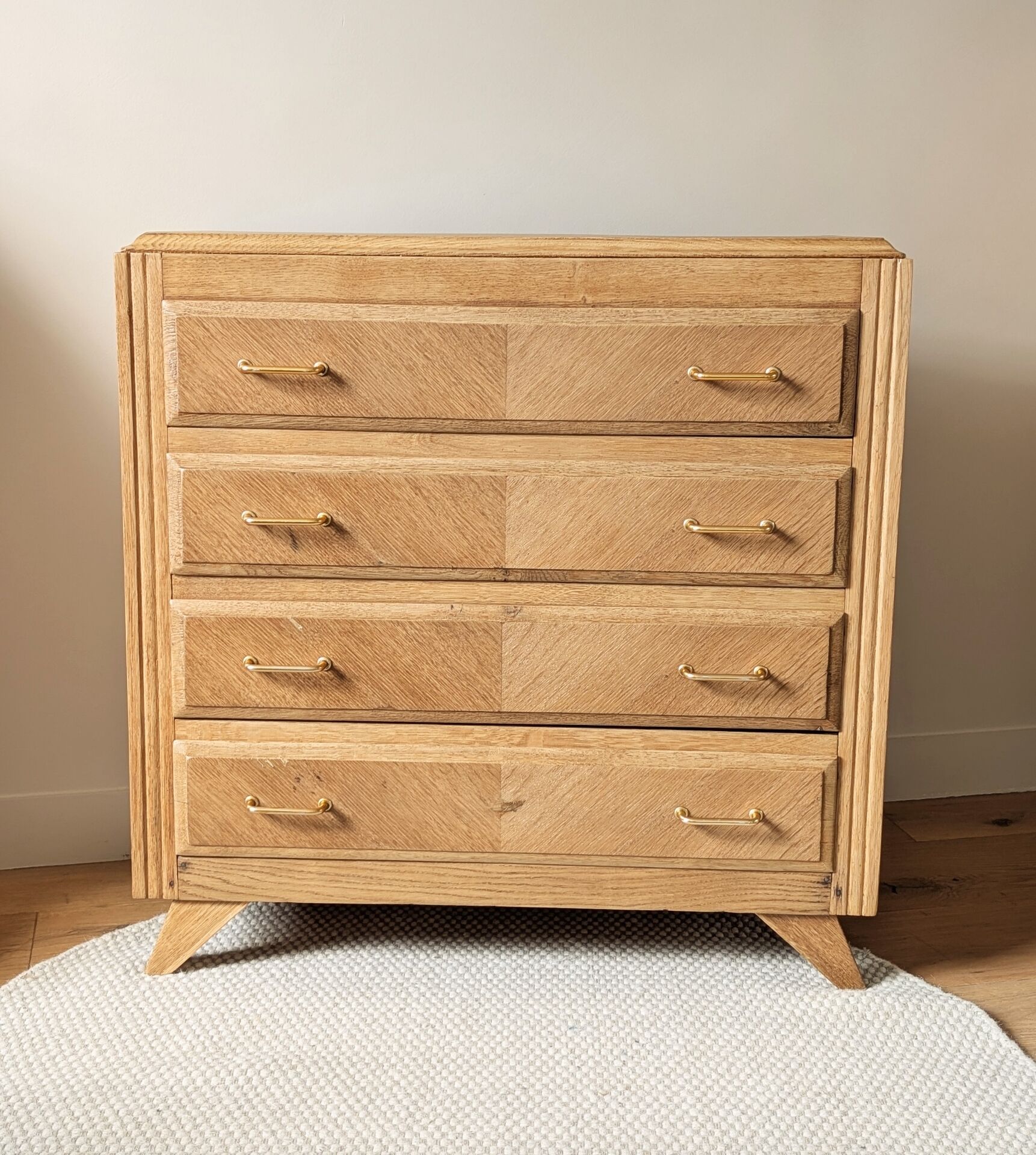 Commode vintage rénovée, chêne blond, pieds compas, années 50 60