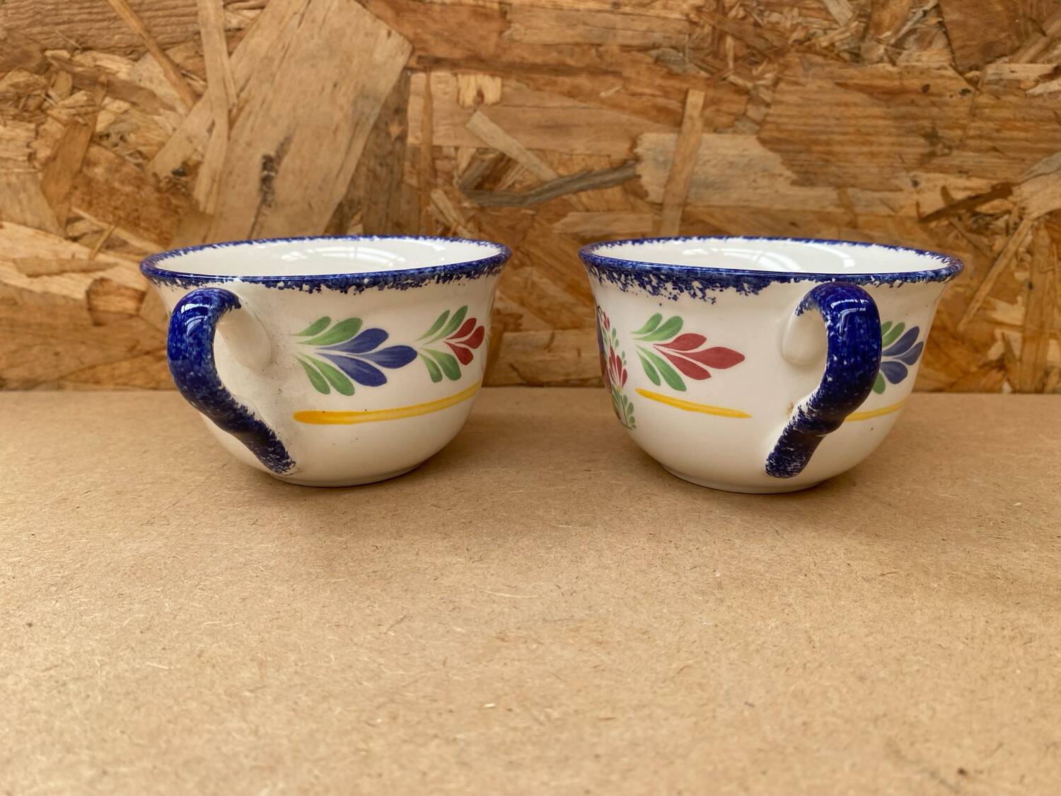 Paire ancienne tasse pornic céramique blanc bleu france vintage #b286