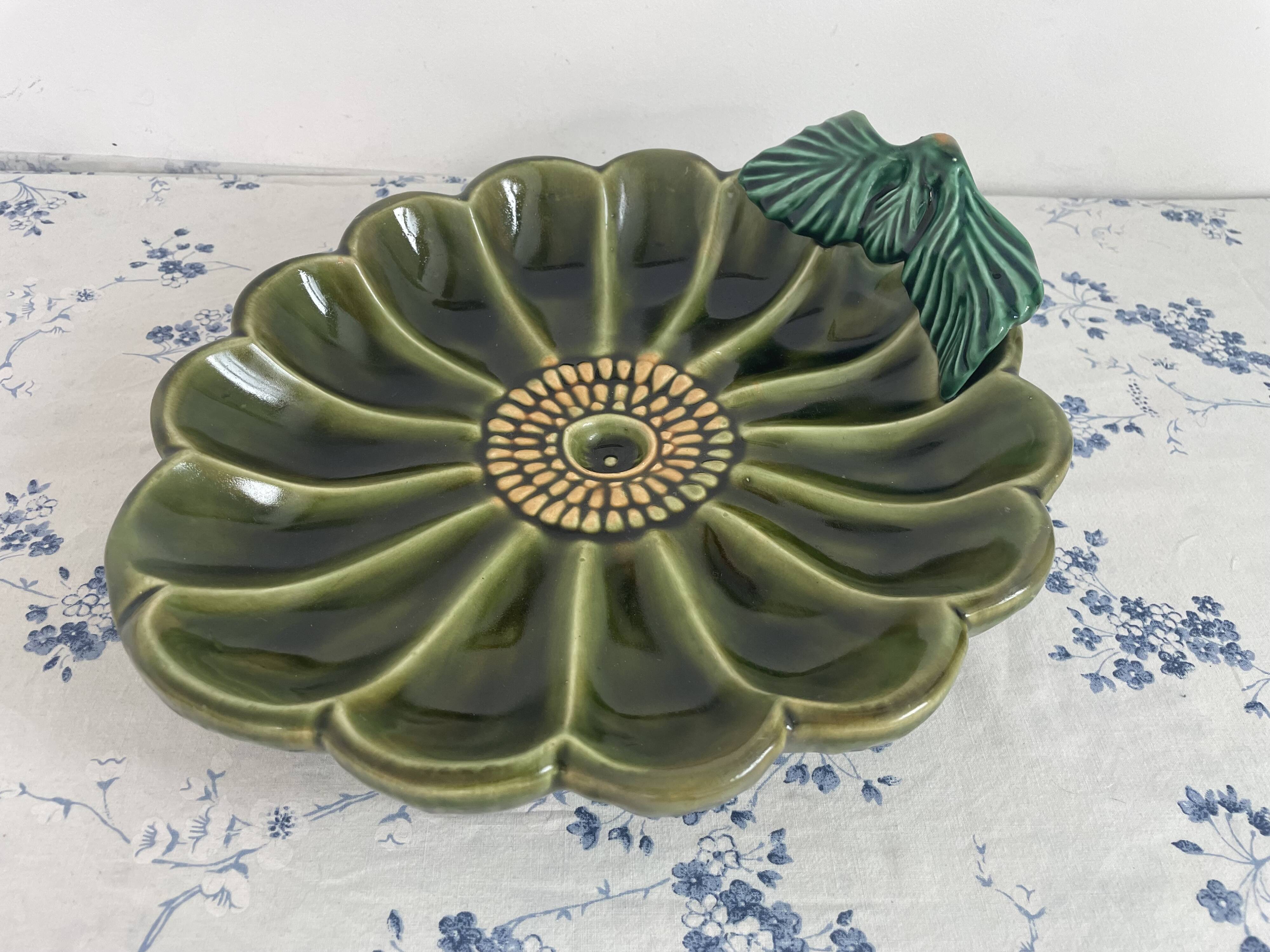 Large decorative dish, green ceramic flower, mid-20th century