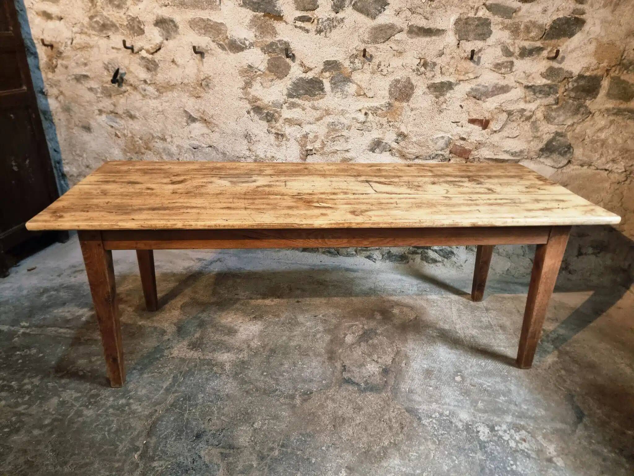 Antique French country dining table – Oak base and pine top, circa 1900