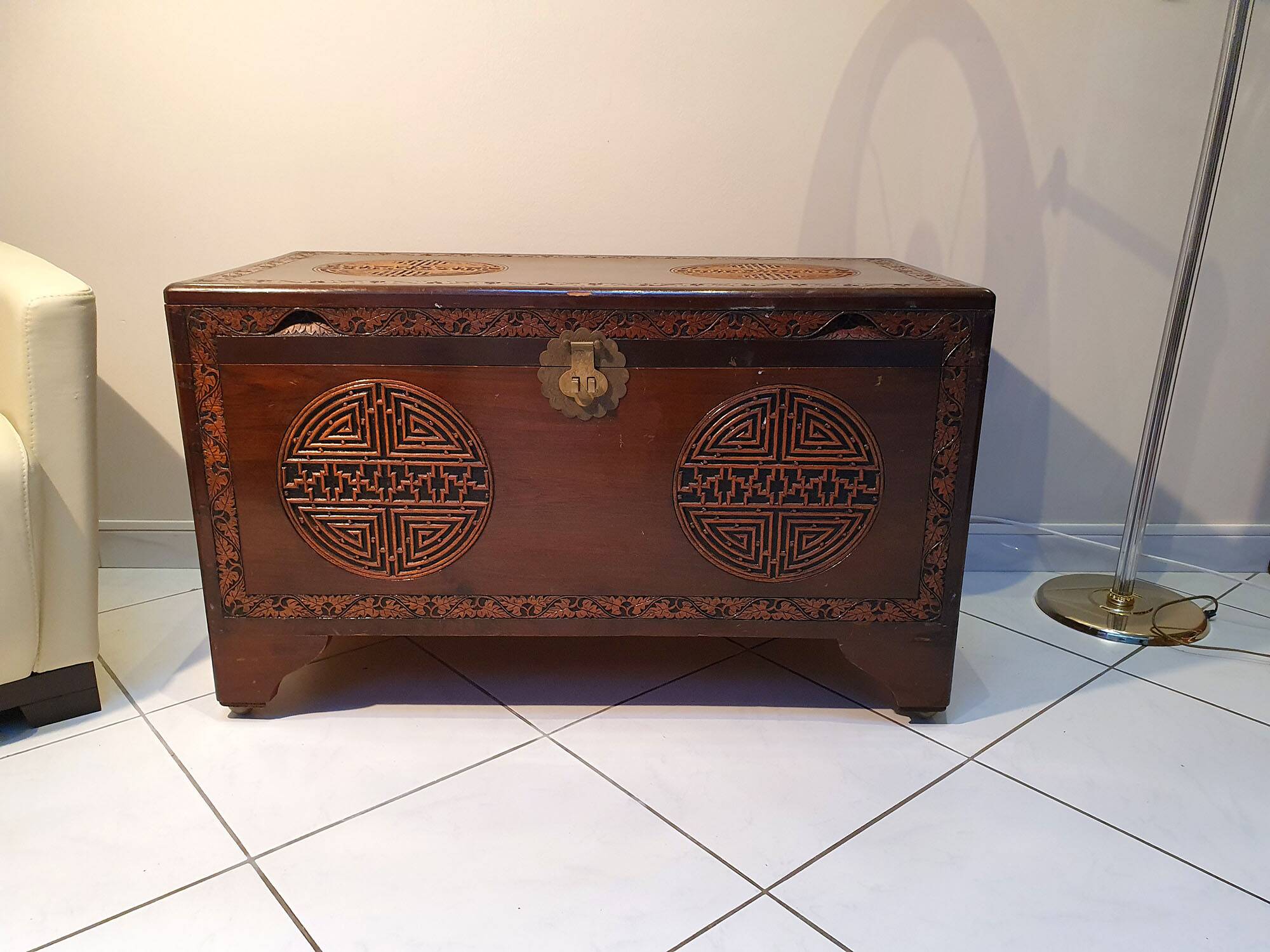 Chinese wedding chest in carved wood