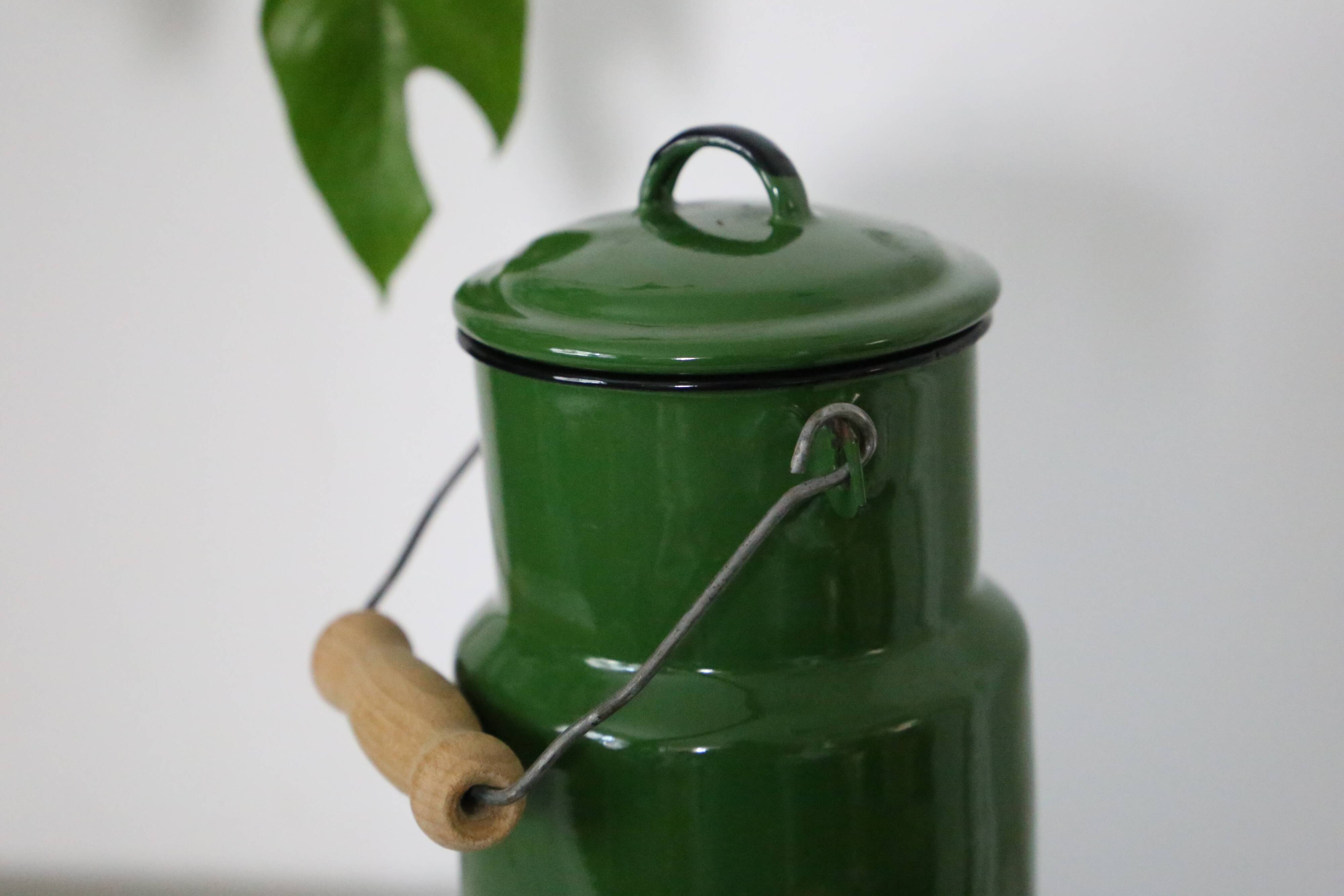 Enamelled metal milk jar, vintage