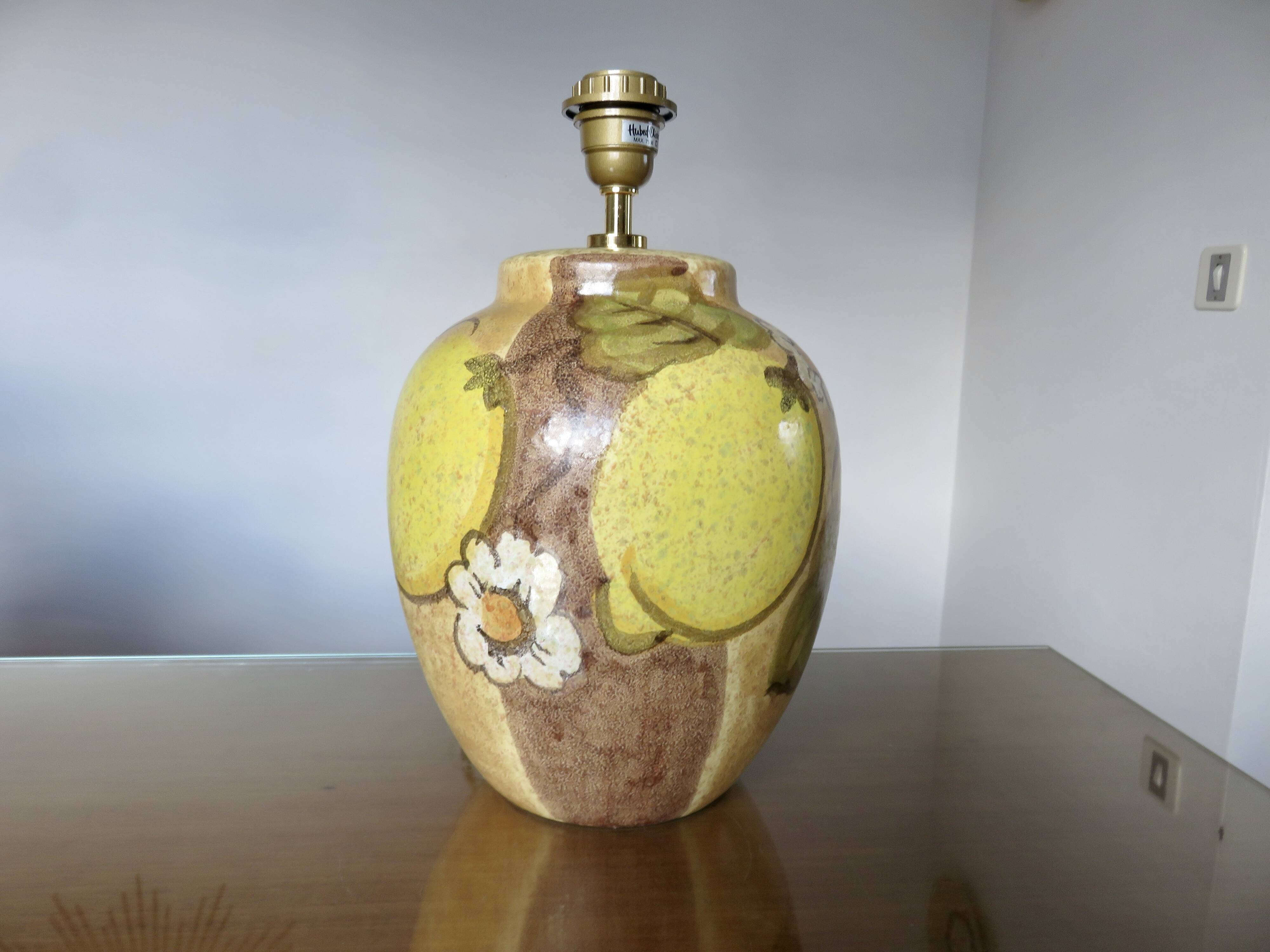 Hubert Olivier ceramic lamp with floral decoration, 1980.