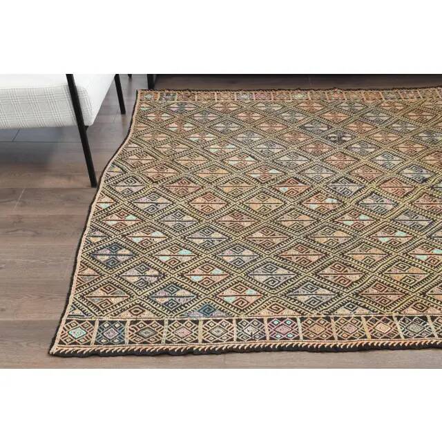 1970s vintage Turkish Oushak handmade wool cotton beige runner rug 185x212
