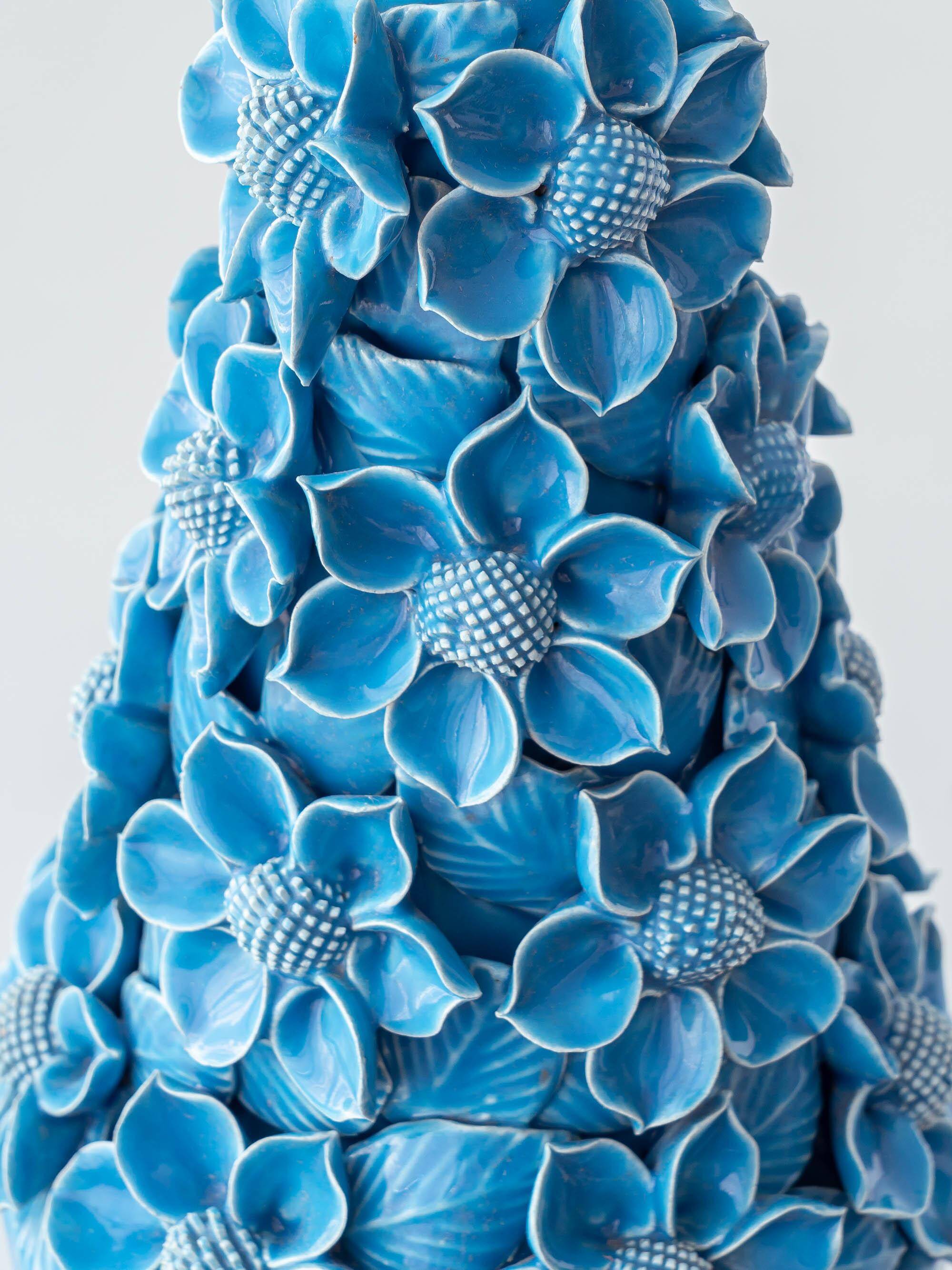 Turquoise glazed ceramic floral table lamp from Manises mid-century, with a new silk shade.