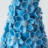 Turquoise glazed ceramic floral table lamp from Manises mid-century, with a new silk shade.