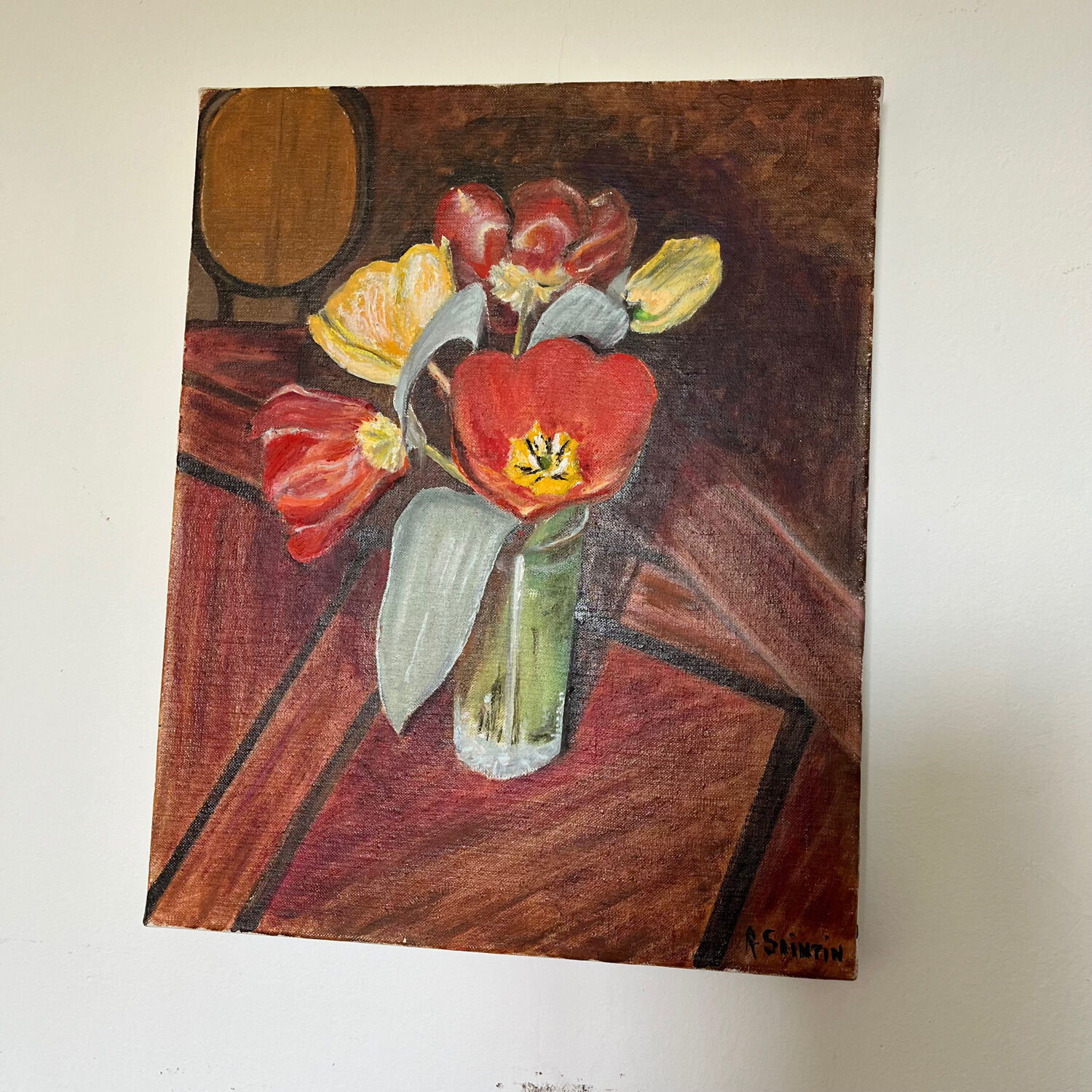 Still life canvas painting tulips on table signed r saintin