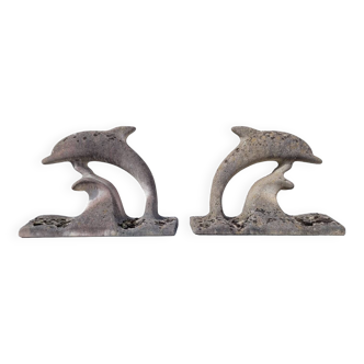 Pair of dolphin statues in old reconstituted stone 1950s