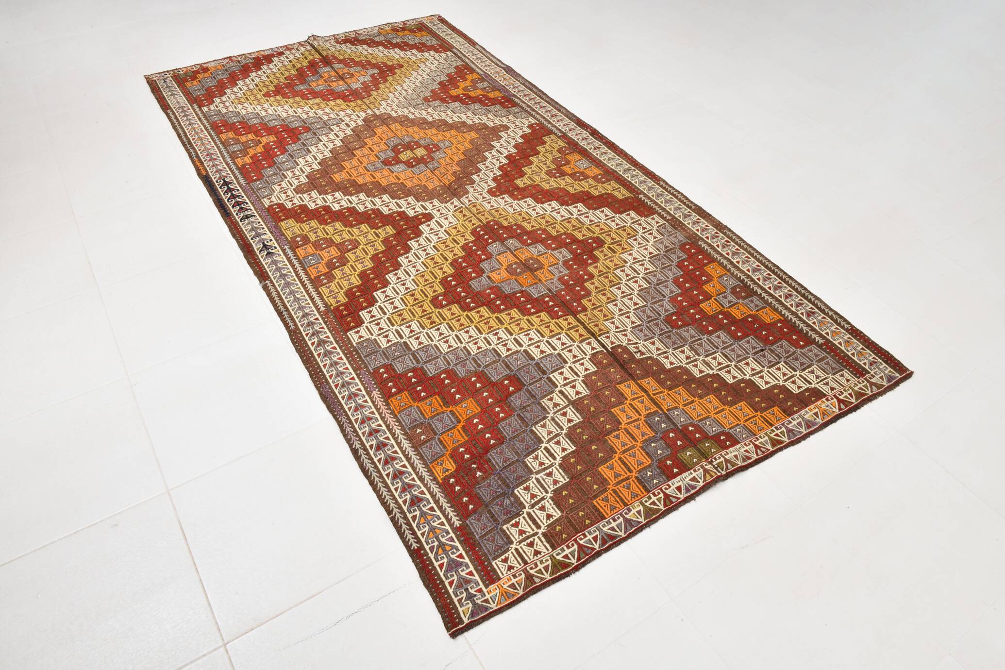 Deep Burgundy & Mustard Yellow Star Pattern Turkish Kilim Rug, 145x282 Cm