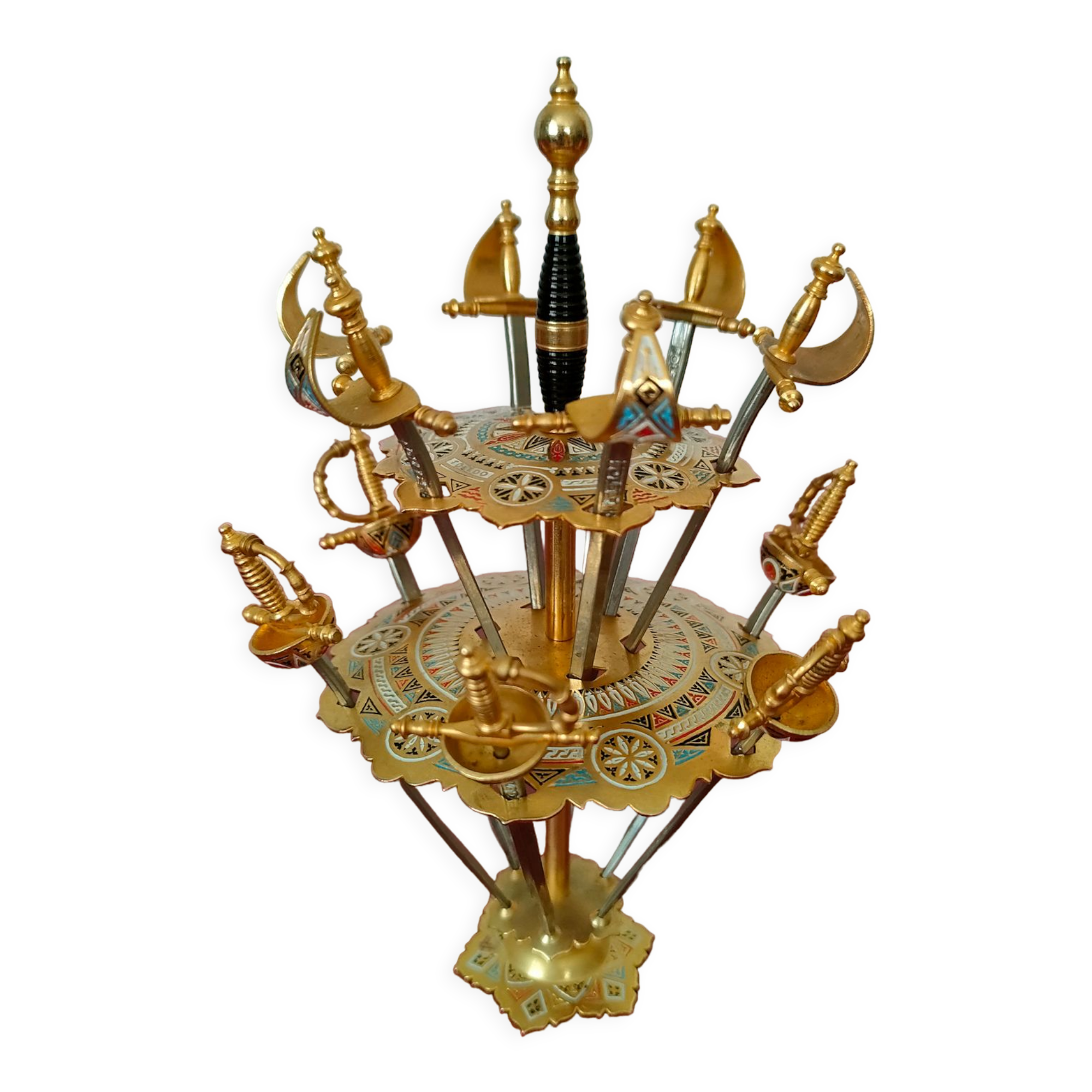 12 aperitif spades in the shape of swords on tray by Toledo Spain 70's