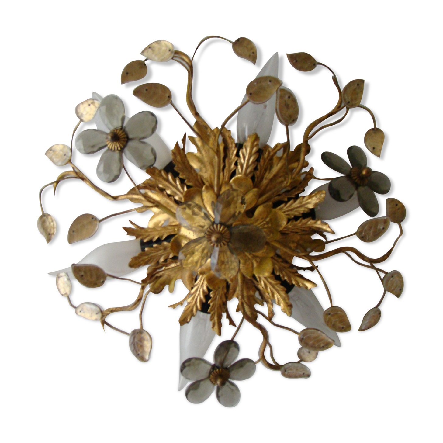 Vintage wall lamp or ceiling lamp in golden metal, glass flowers