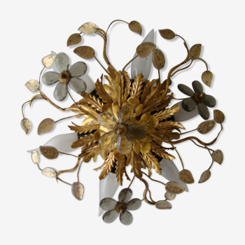 Vintage wall lamp or ceiling lamp in golden metal, glass flowers