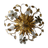 Applique murale ou plafonnier vintage en metal dorée , fleurs en verre