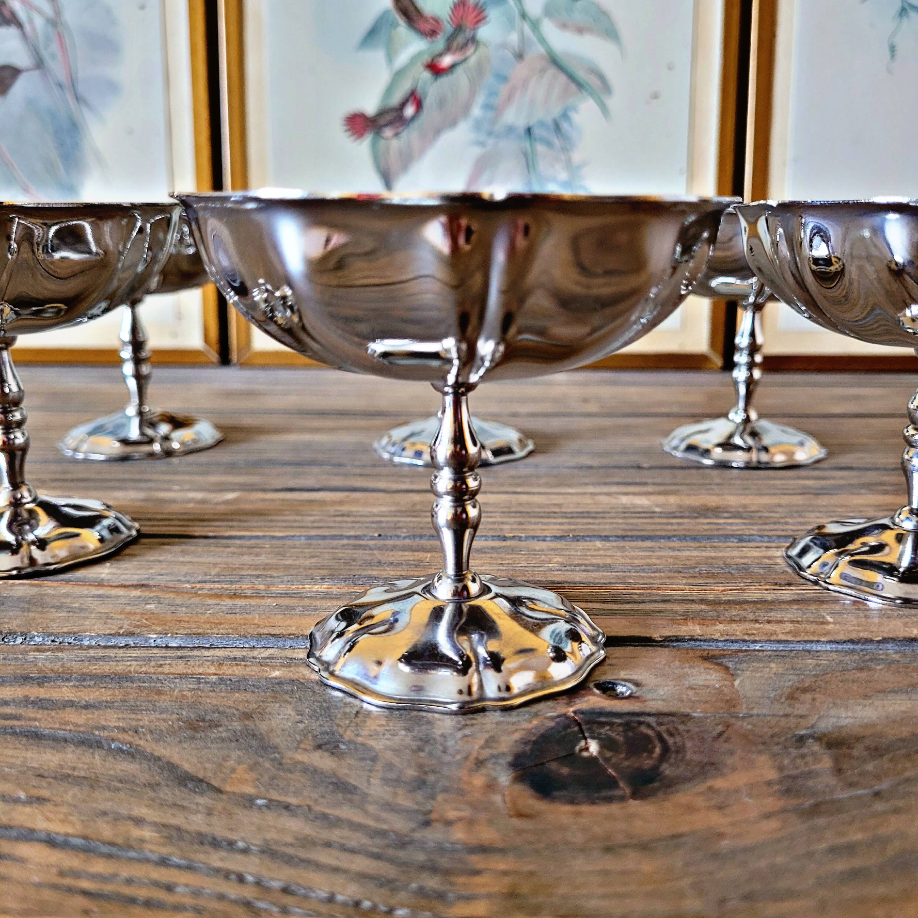 6 vintage stainless steel ice cream cups, flower-shaped