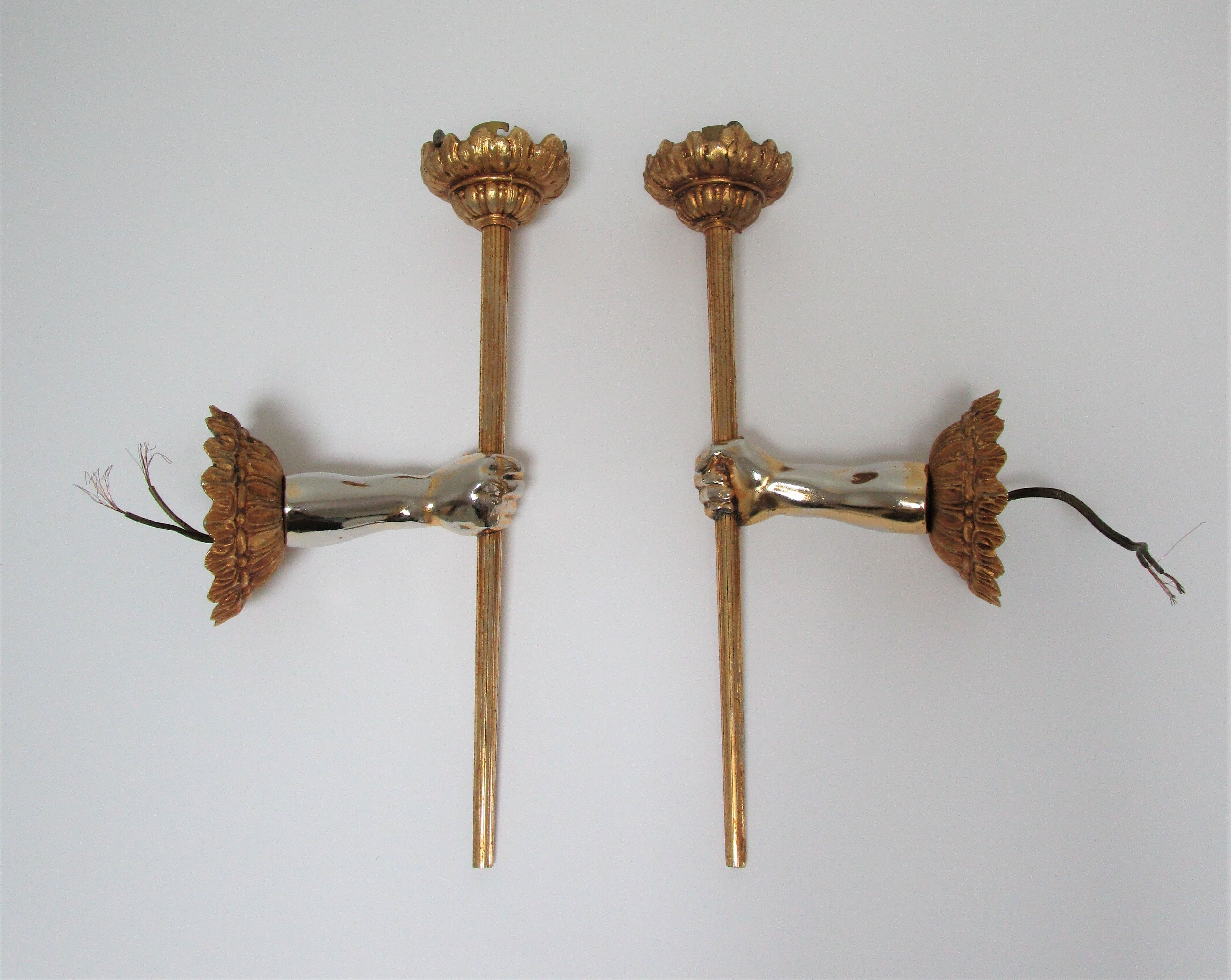 Pair of vintage patinated golden metal hand sconces