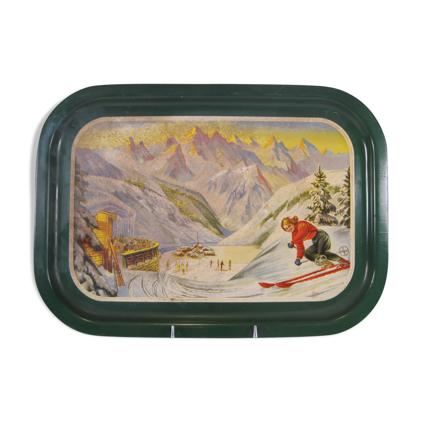 Old vintage service tray in lithographed sheet METAL SKI SNOW WINTER SPORTS