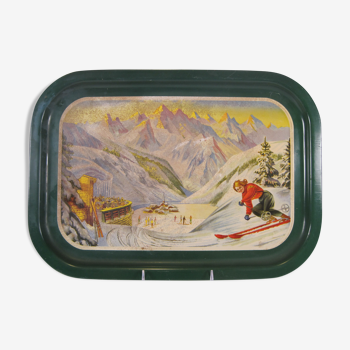 Old vintage service tray in lithographed sheet METAL SKI SNOW WINTER SPORTS