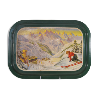 Old vintage service tray in lithographed sheet METAL SKI SNOW WINTER SPORTS