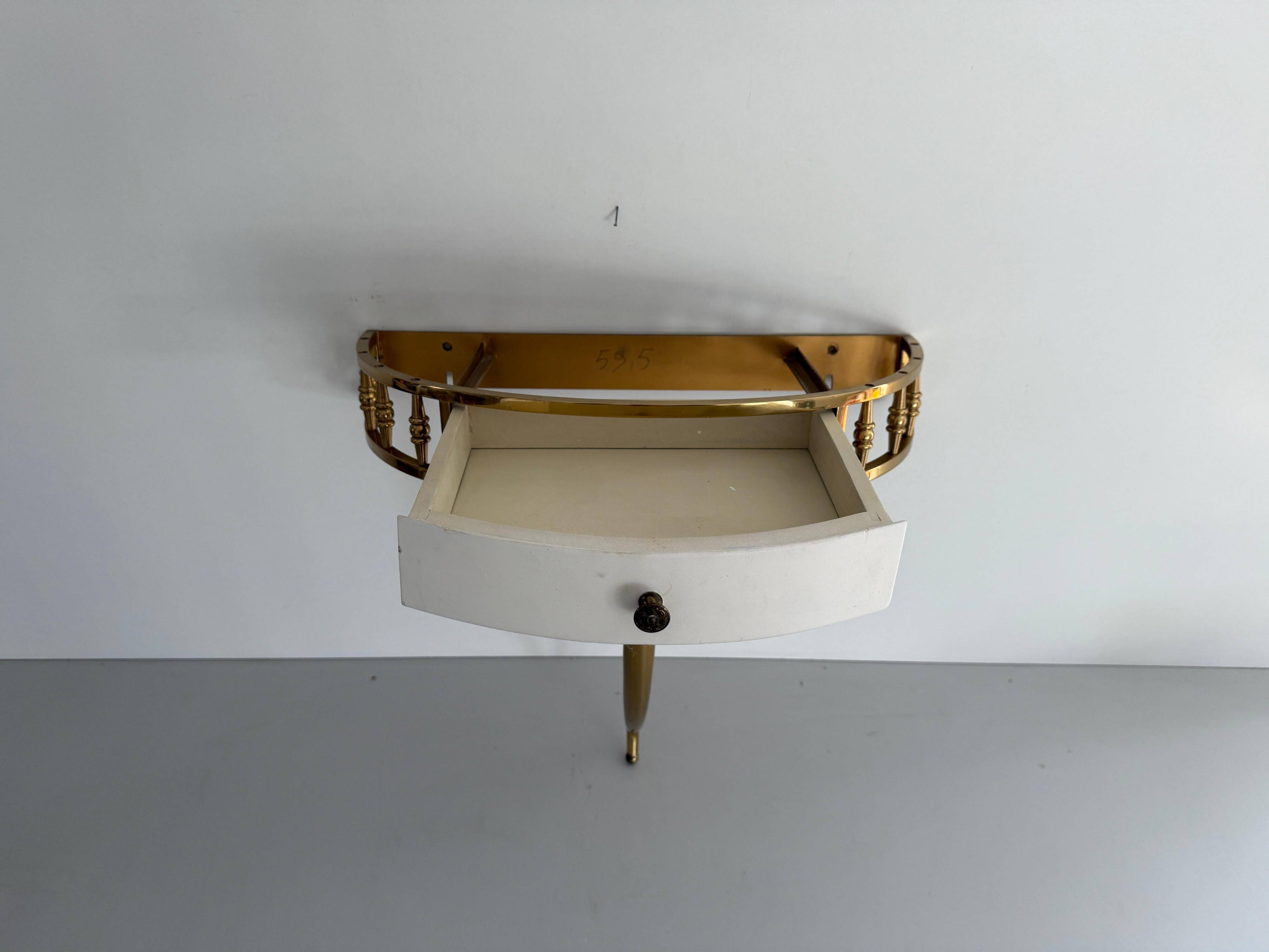 Floating wall console with drawer, brass body and marble top, 1960s, Italy