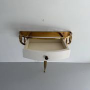 Floating wall console with drawer, brass body and marble top, 1960s, Italy