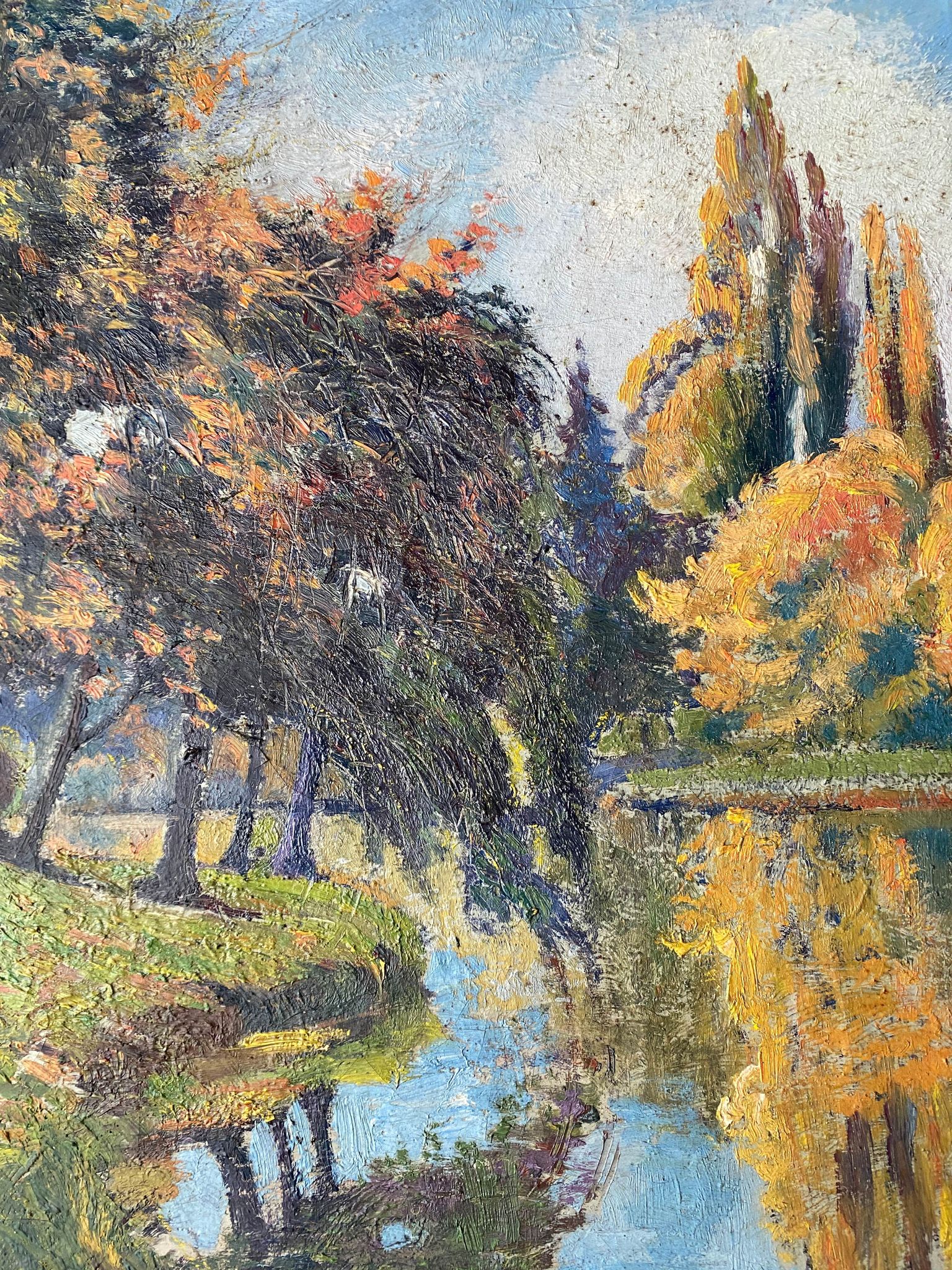 Tableau HST "Maison rouge en bord de rivière" signé C. Normand début XX°