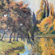 Tableau HST "Maison rouge en bord de rivière" signé C. Normand début XX°