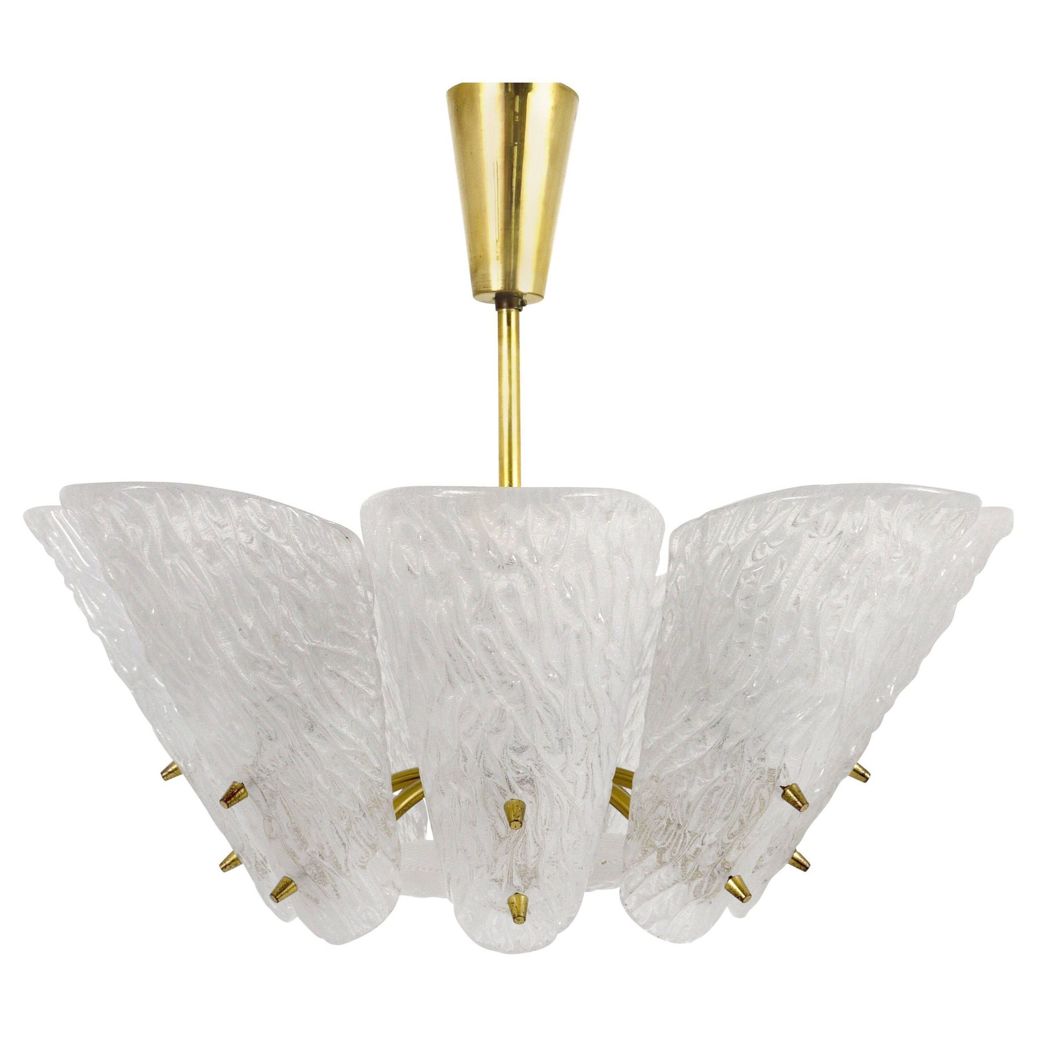 J. T. Kalmar Mid-Century Brass Suspension, Textured White Glass, 1950s