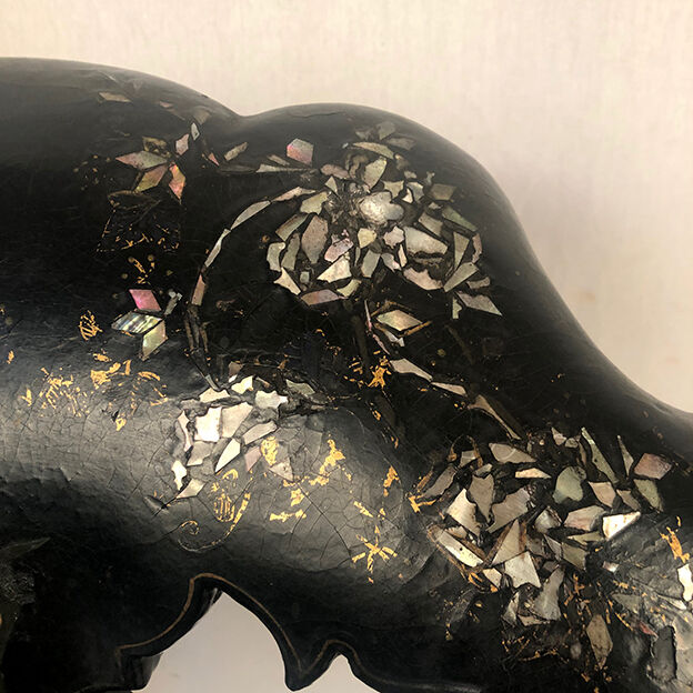 Napoleon III gondola chair in wood and black lacquered papier-mâché and burgauté