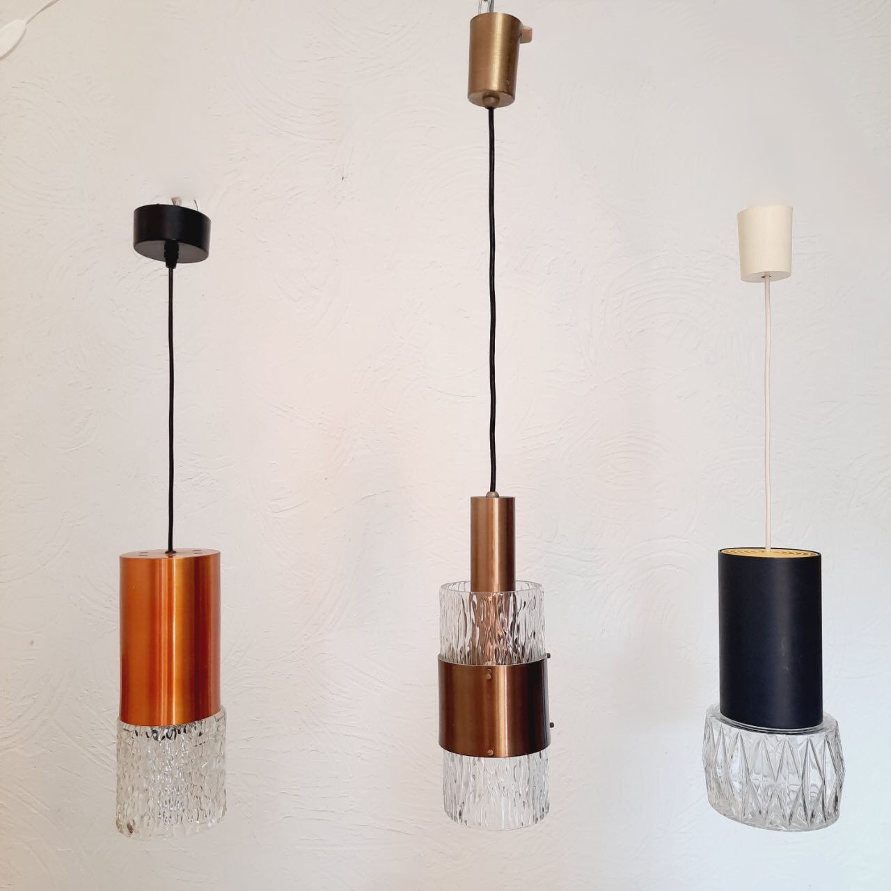 Three vintage suspension lamps, copper aluminum and glass