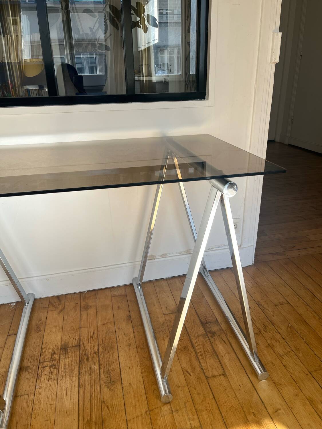 Smoked glass and chrome metal desk by Milo Baughman for Rochebobois