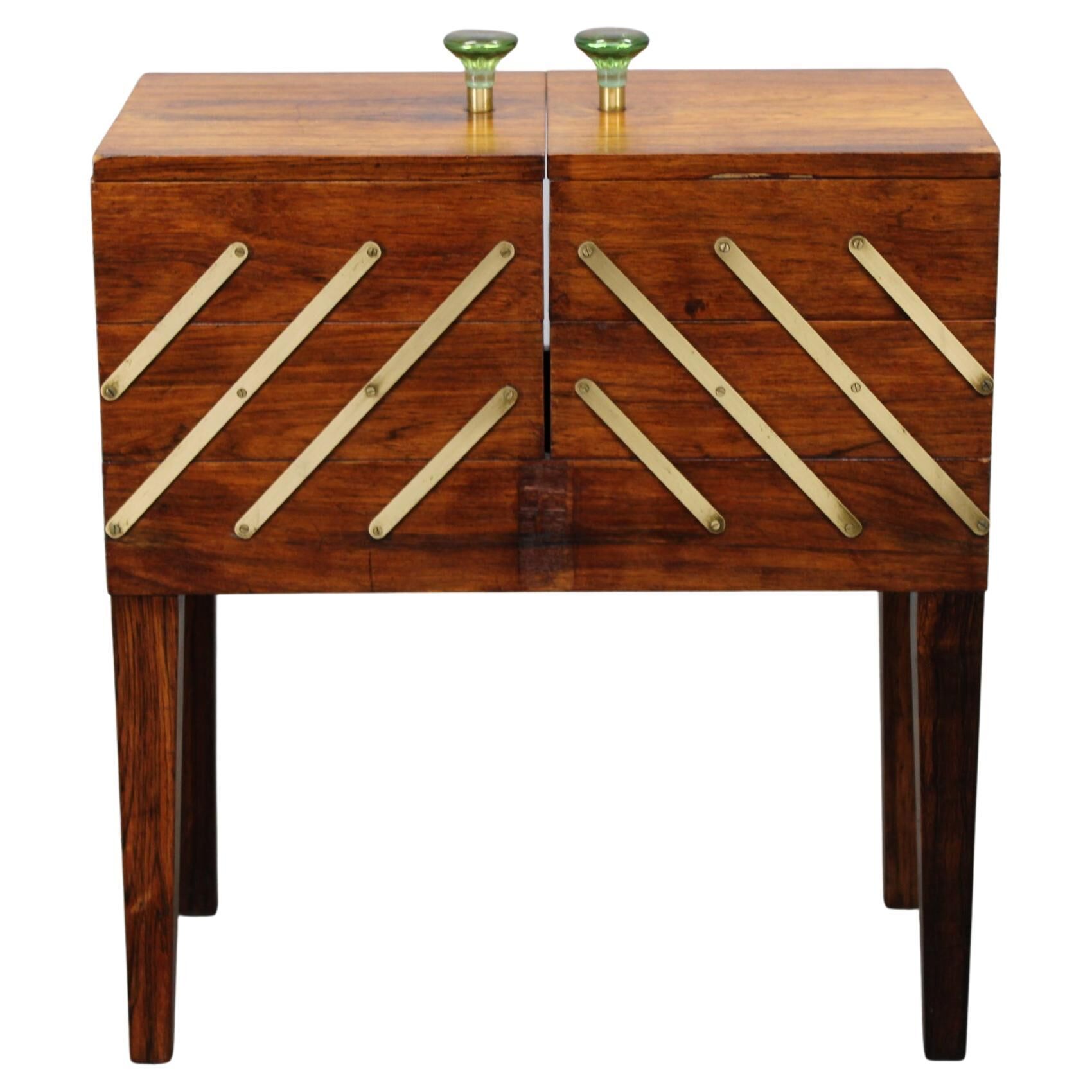 Danish mid-century unfolding sewing box in wood and brass, 1960s