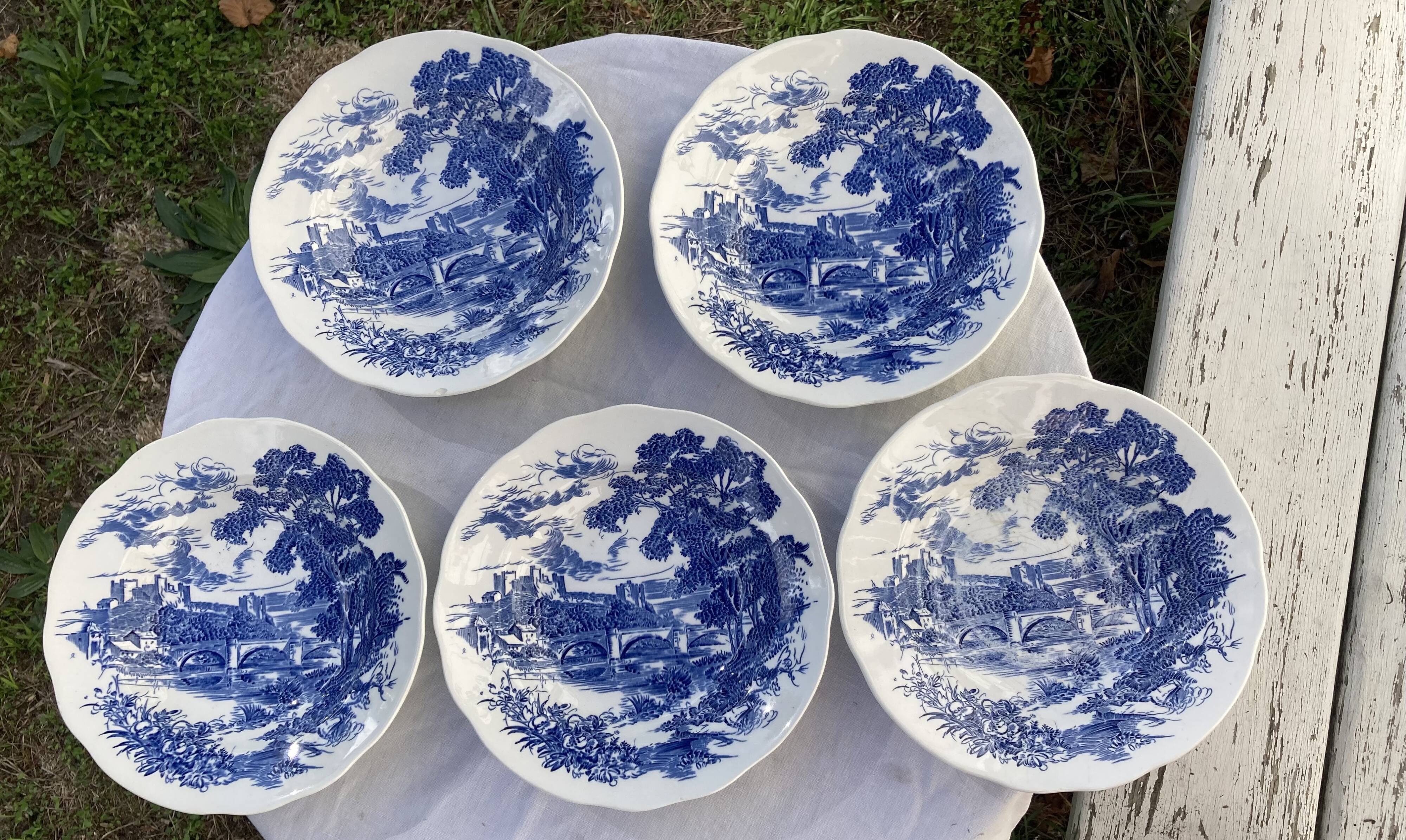 5 hollow plates / earthenware soup Gien Enoch Wedgwood style blue iron earth - vintage model