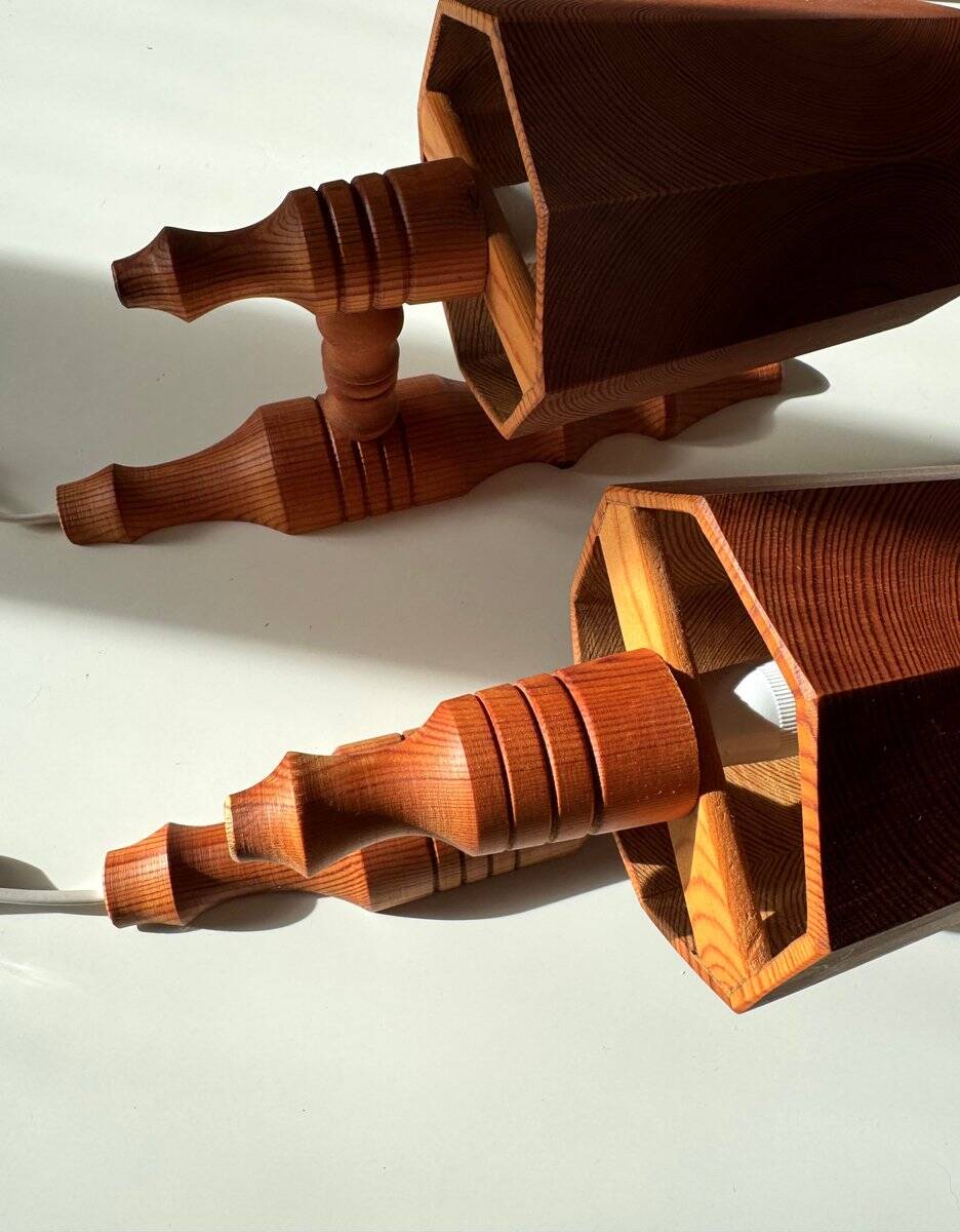 Vintage Swedish wall sconces in pine, 1970s, set of 2