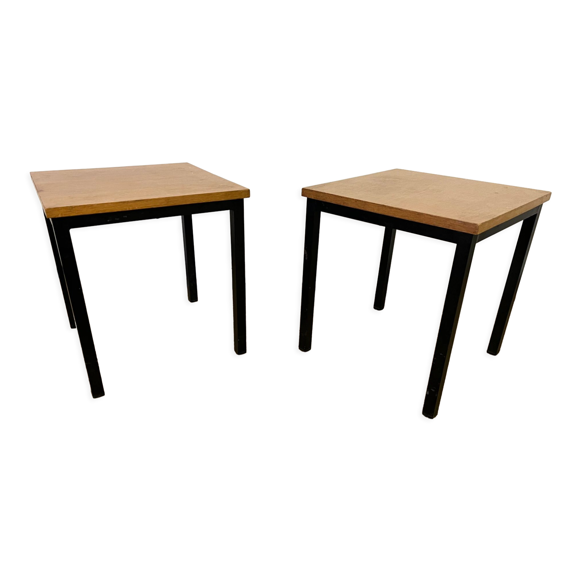 Pair of wooden and vintage metal bedside tables