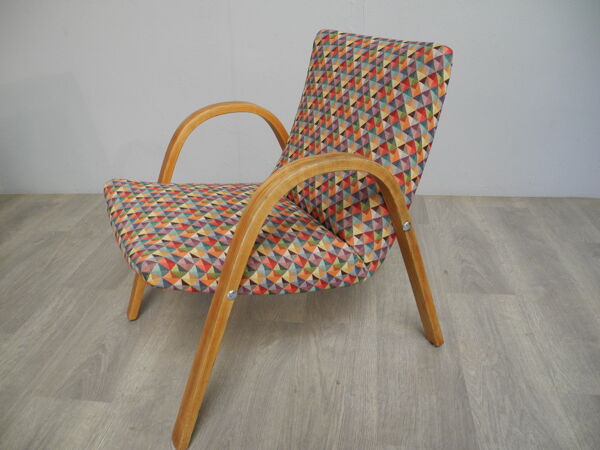 Paire de fauteuils vintage en bois et tissu arlequin année 70