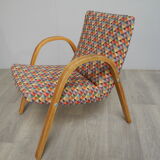 Pair of vintage wooden armchairs and harlequin fabric year 70