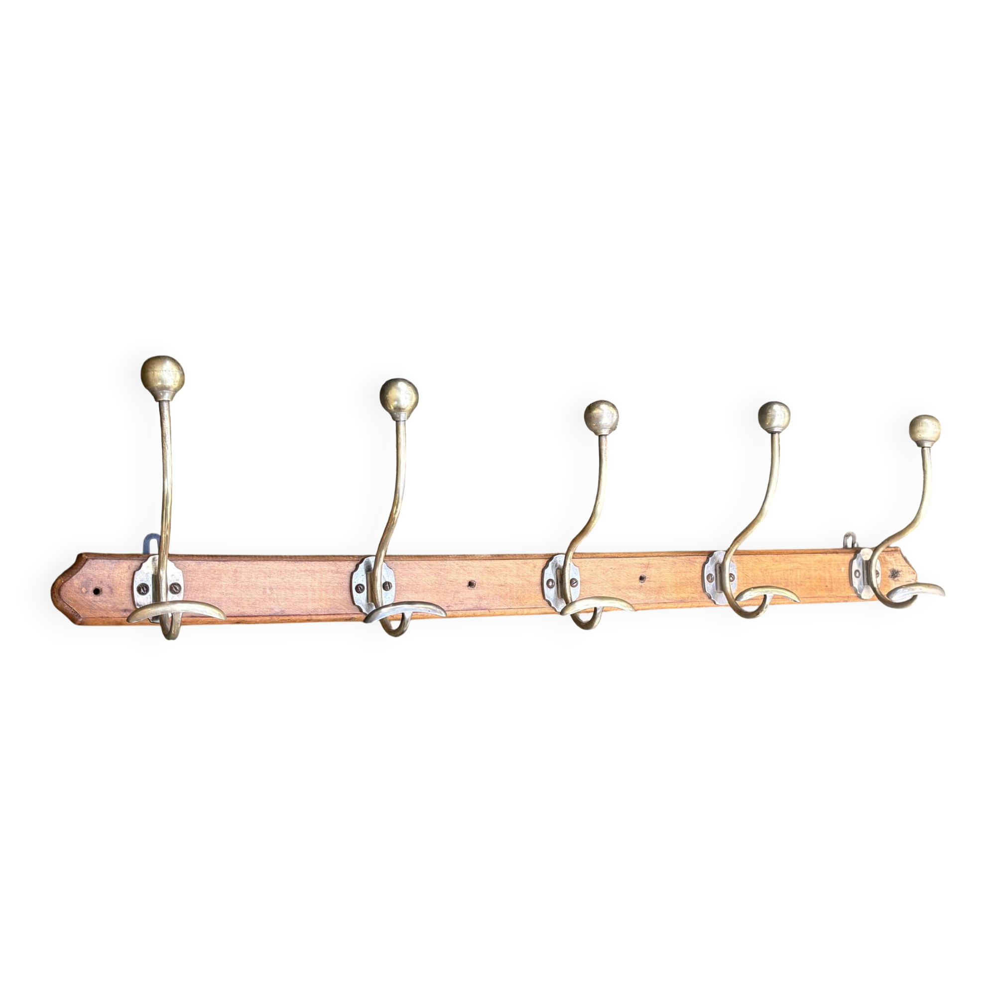 Large vintage wall coat rack with 5 brass and wood hooks – bistro