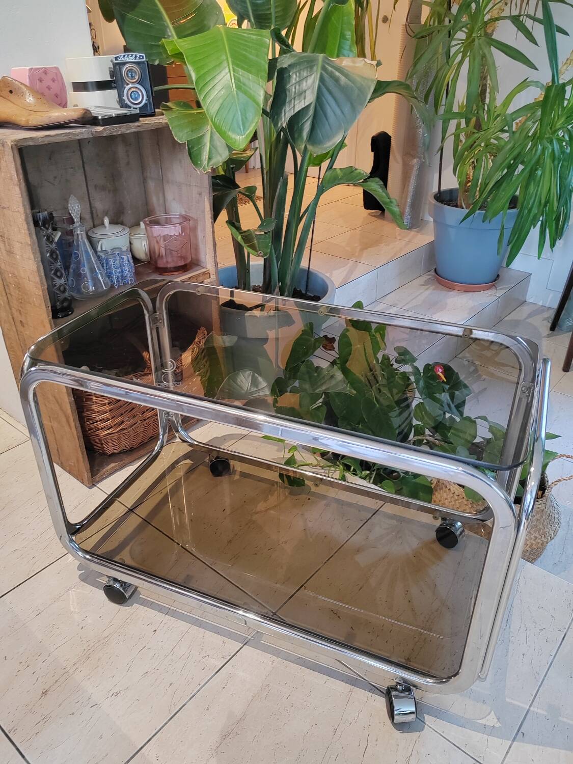 Vintage serving trolley in smoked glass and chrome metal