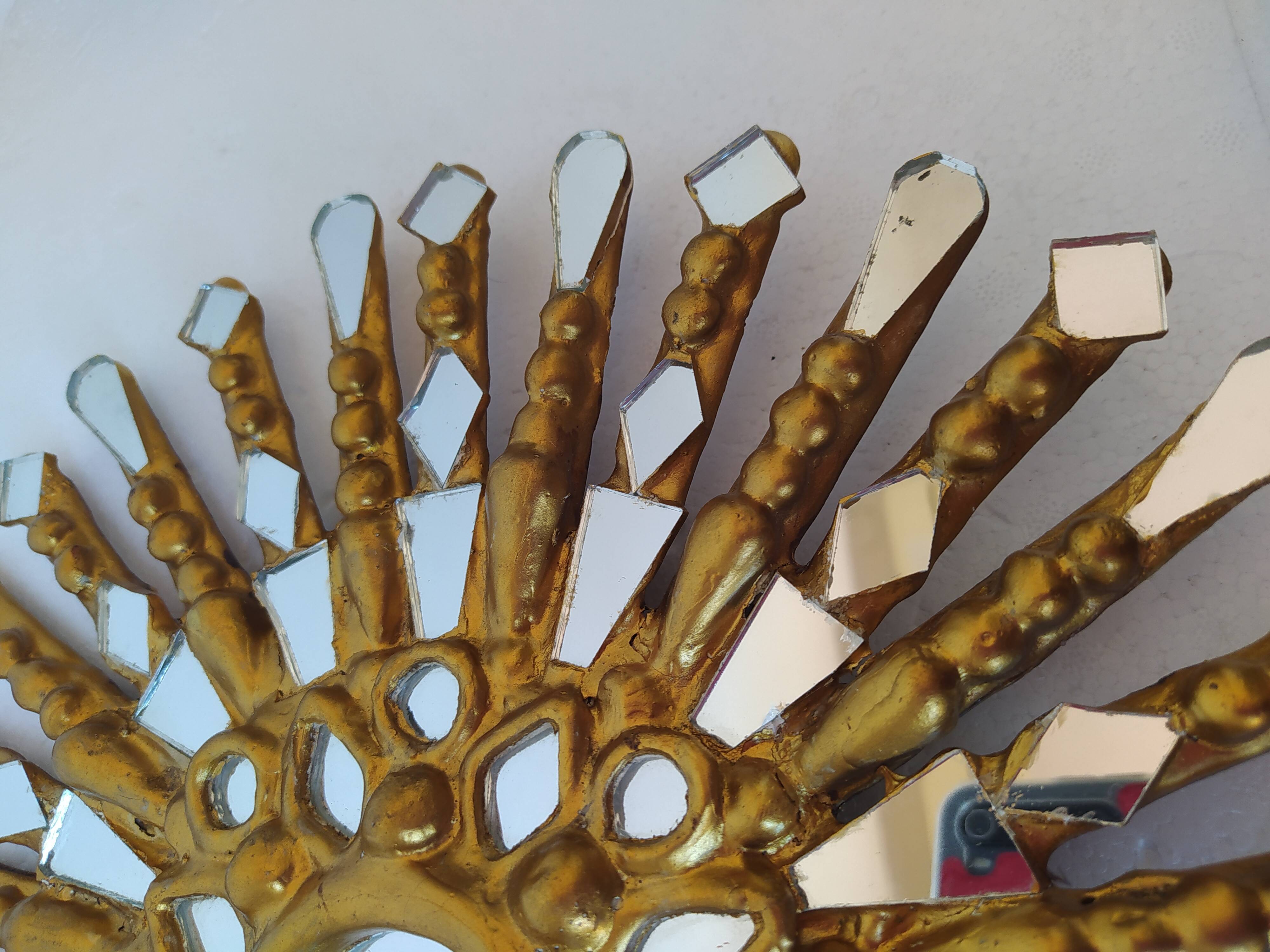 Golden wooden sun mirror 30cm