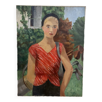 Portrait de femme, Huile sur toile, Th. Lantz