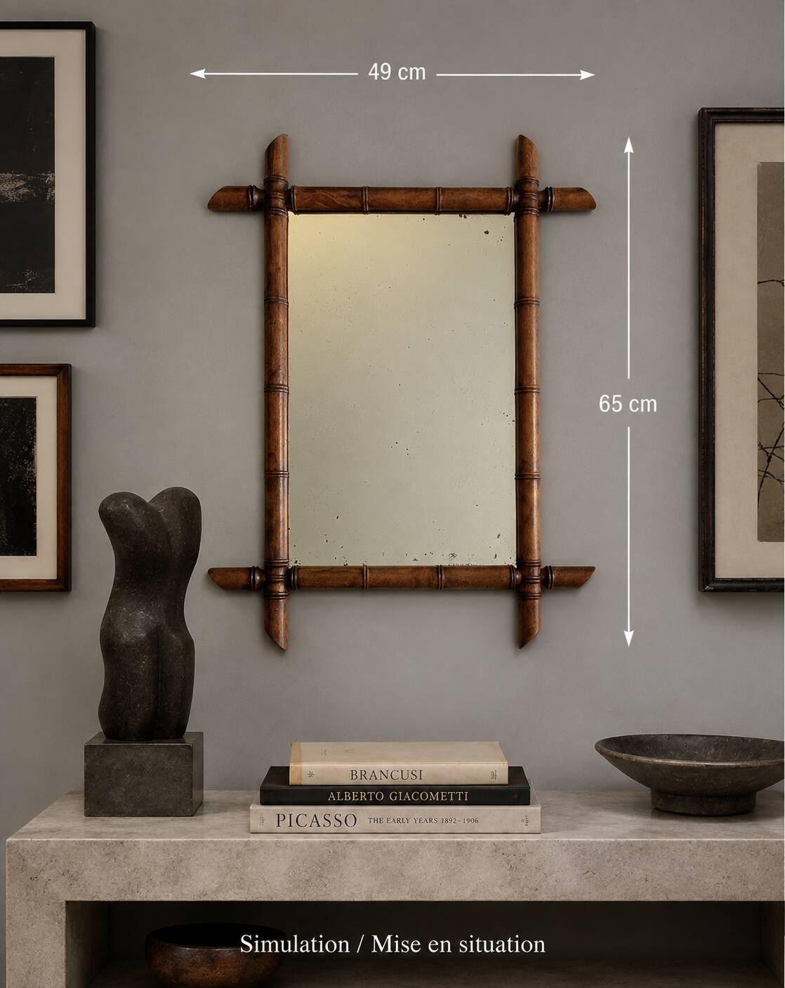 Miroir mural Napoléon III en bois tourné façon bambou XIXe siècle, 49x65 cm