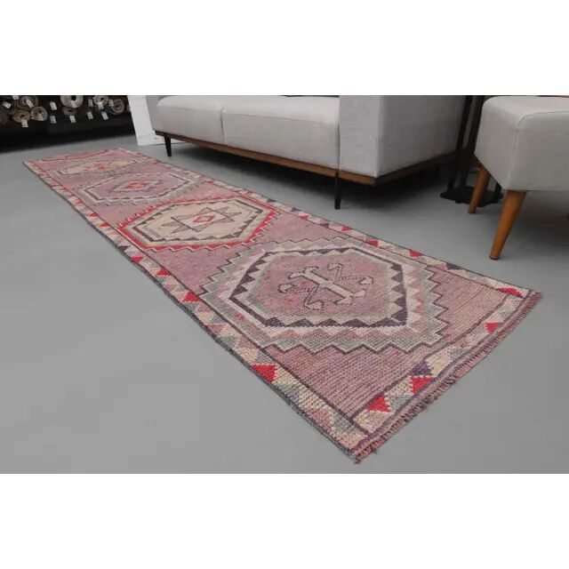 1970s Turkish hand-knotted wool cotton pink runner rug 94x335