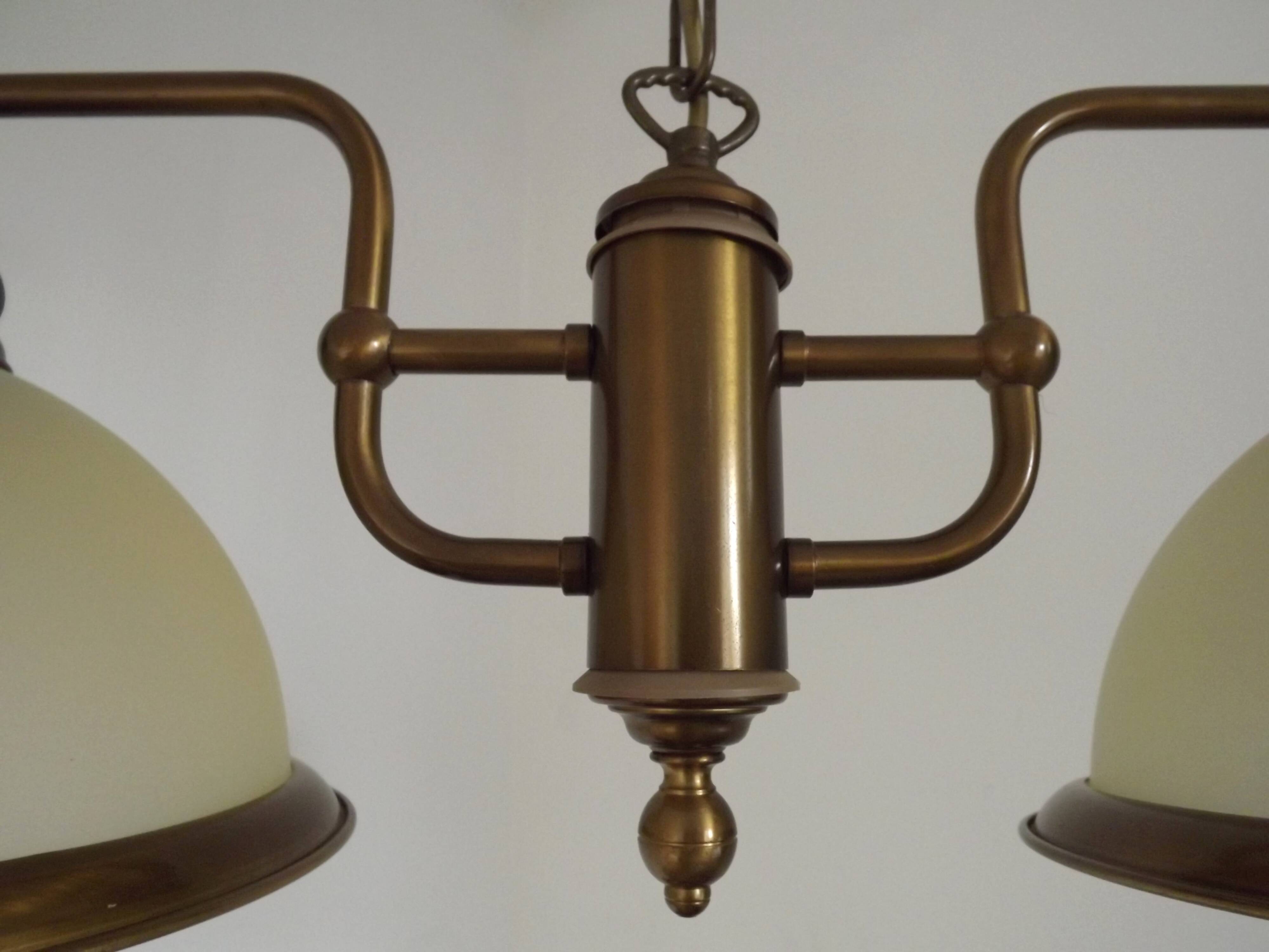 French Mid Century Bronze Effect Metal Double Billiard Light Glass Shades