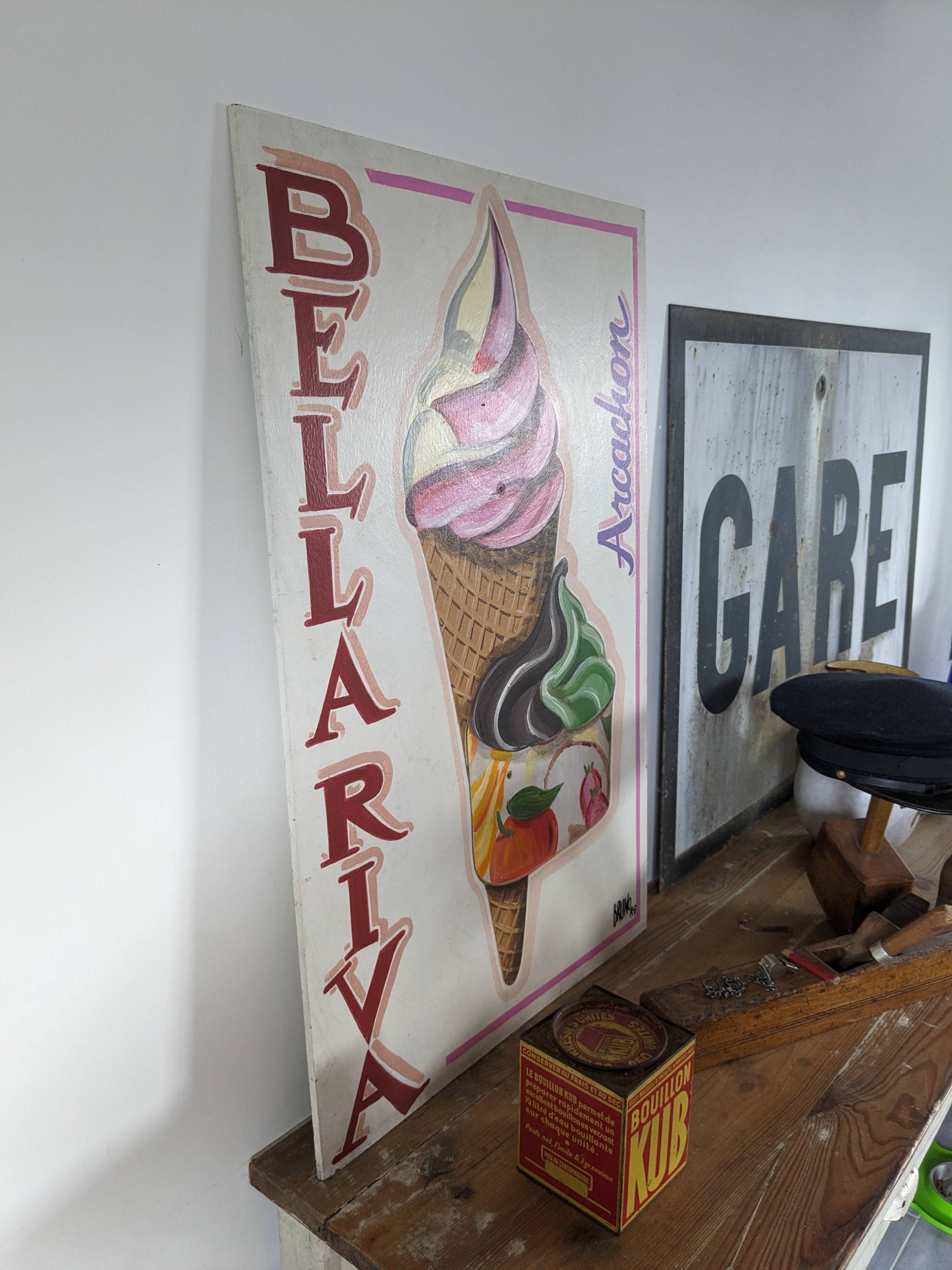 Vintage artisanal ice cream parlour sign Bellariva Arcachon 90 x 58cm