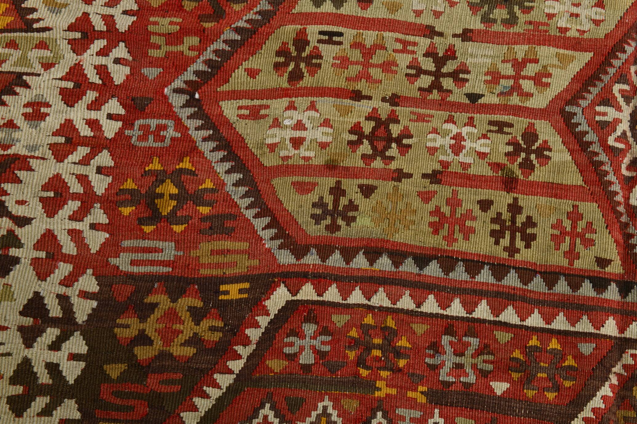 6x13 Beige & Red Wool Kilim Rug, 193x406Cm