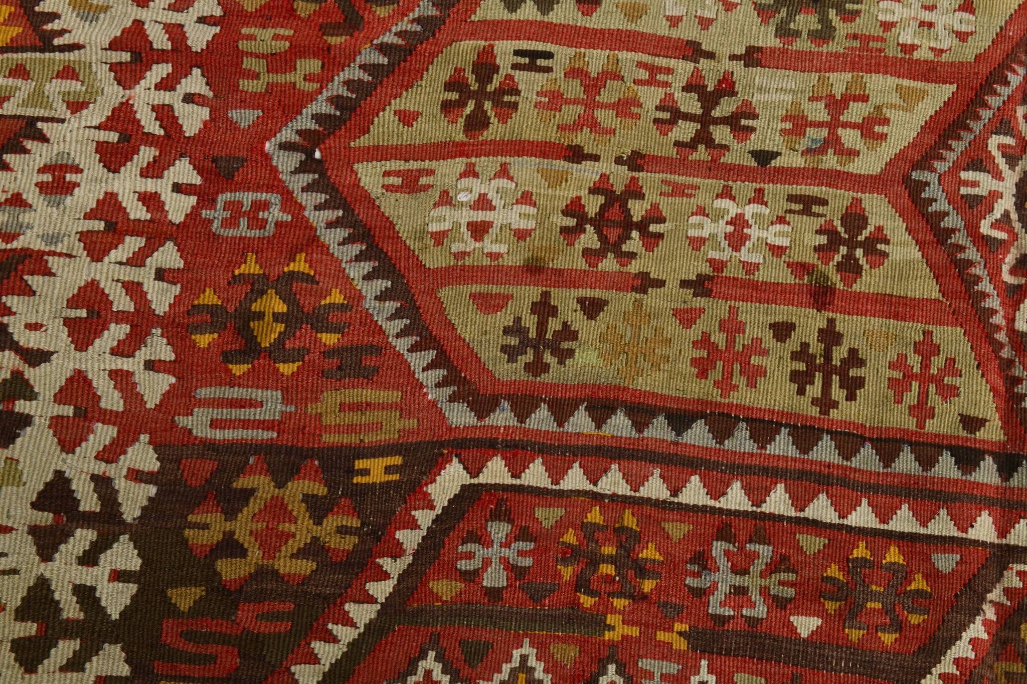 Tapis Kilim en laine beige et rouge 6x13, 193x406 cm